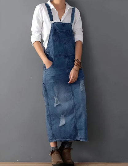 Aurélie - Women's Distressed Denim Overall Dress