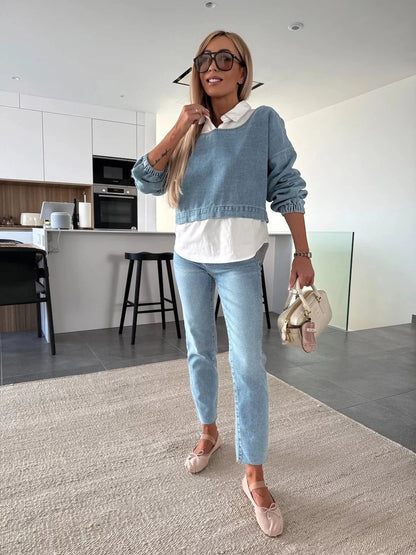 Casual Cropped Denim Sweatshirt
