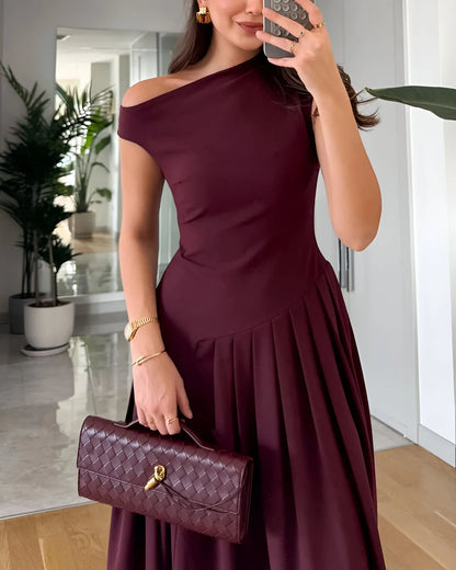 Céleste Asymmetric Pleated Midi Dress