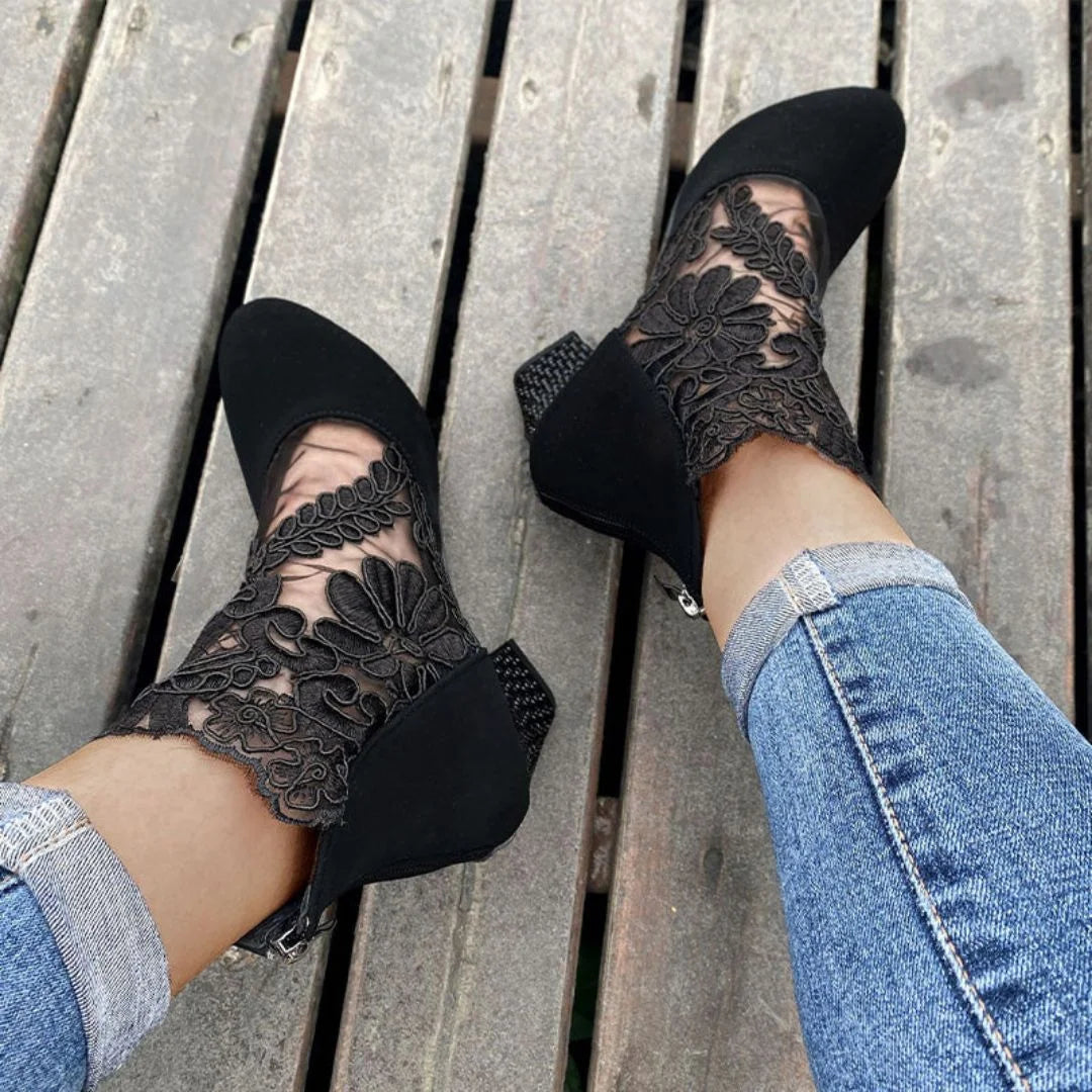 Violetta Lace Panel Block Heel Boots