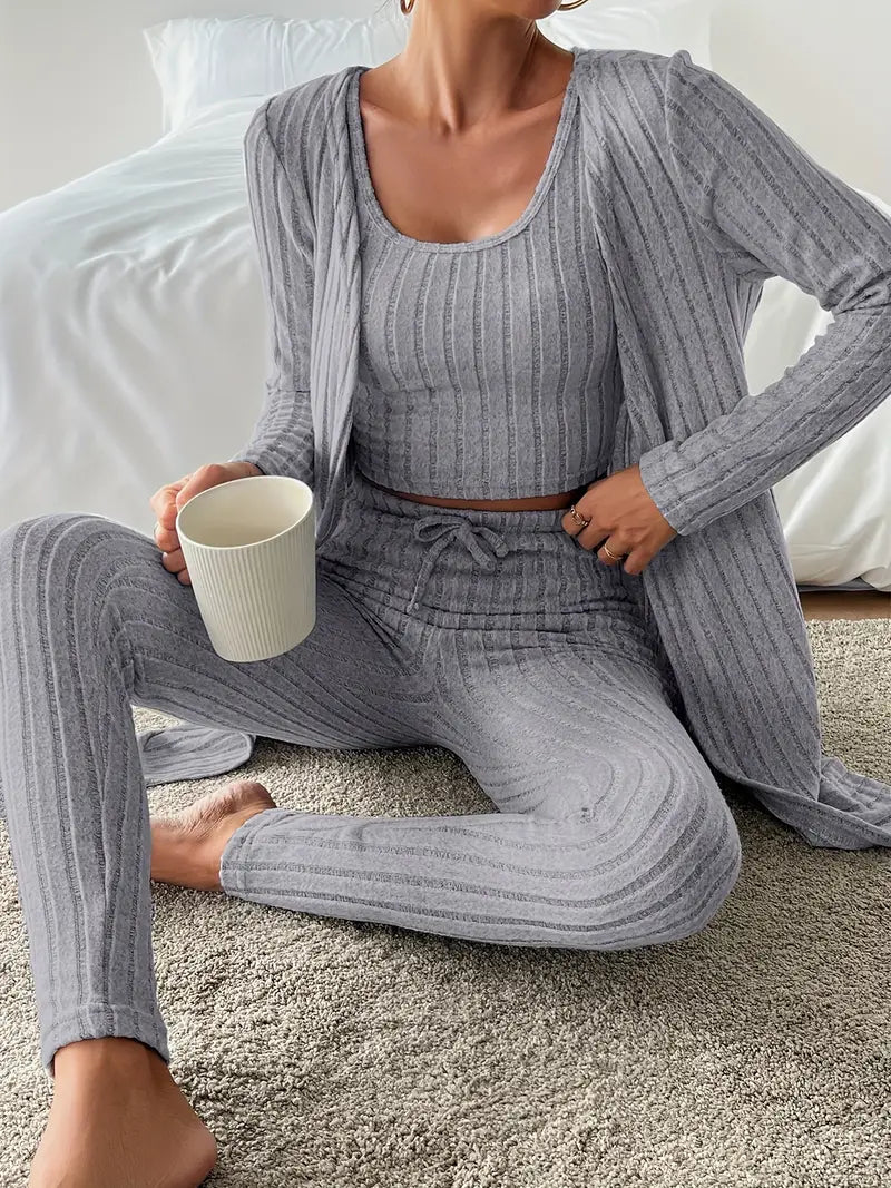 Starowita - Ribbed Knit Set with Cardigan and Top