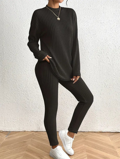 Witołuba - Ribbed Pants Set with Mock Neck and Fitted Pants