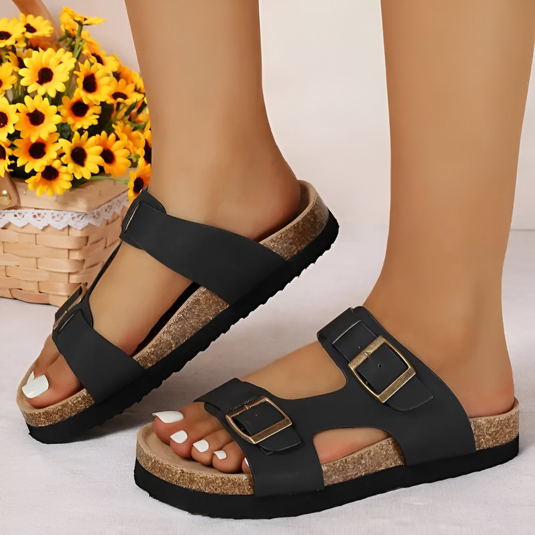 JOHANNA - RETRO CORK SLIDE SANDALS WITH DOUBLE STRAP
