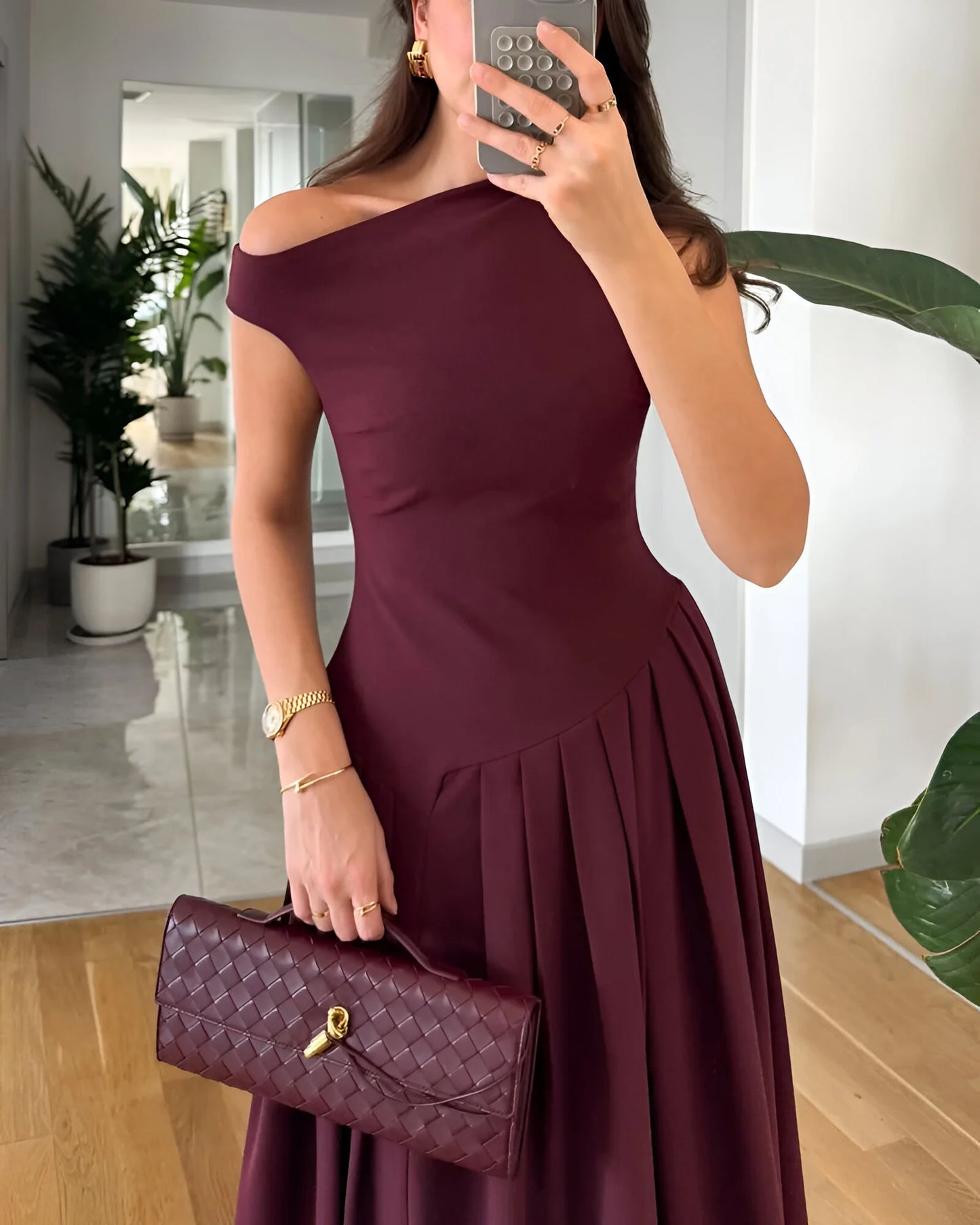 Céleste Asymmetric Pleated Midi Dress