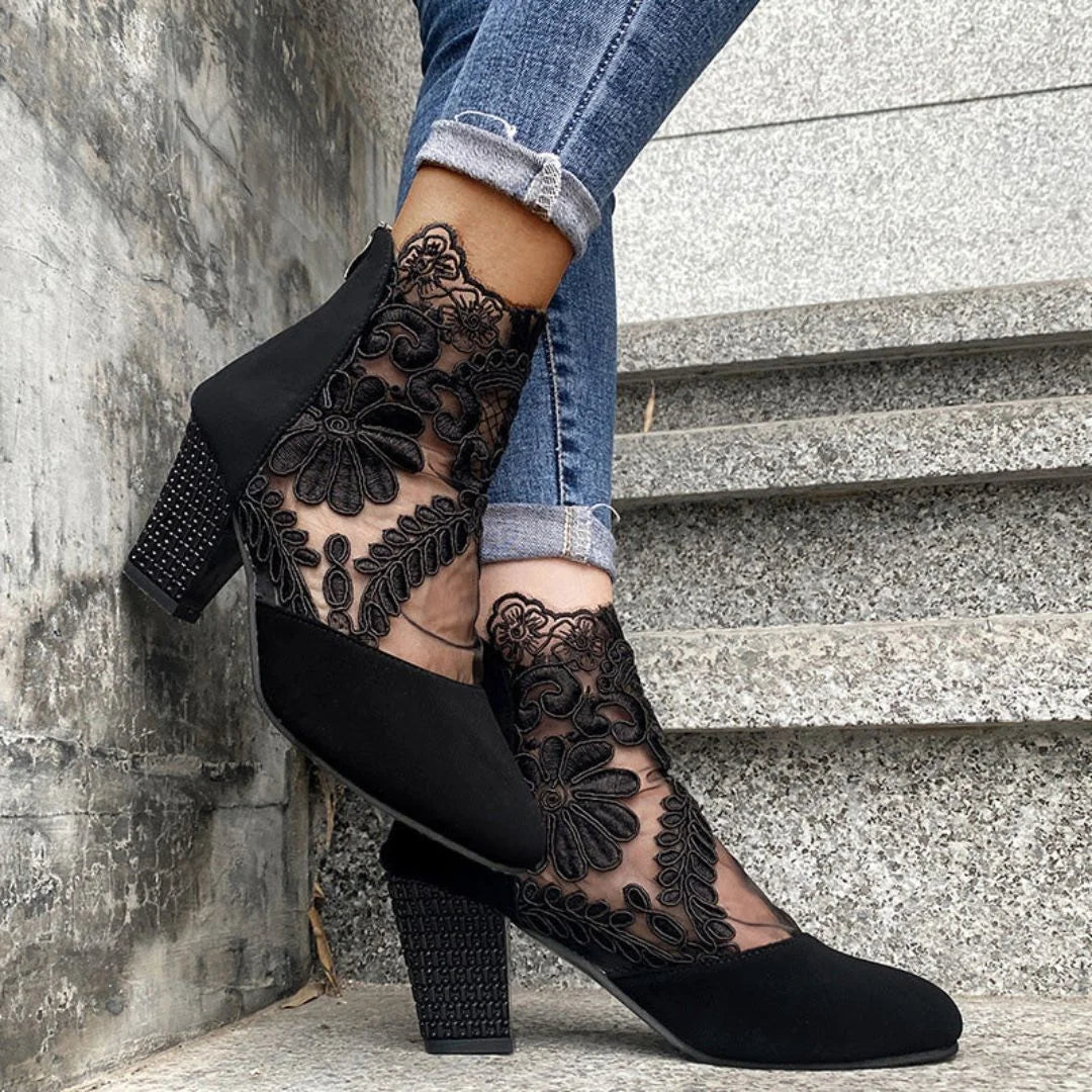 Violetta Lace Panel Block Heel Boots