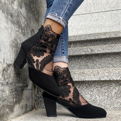 Violetta Lace Panel Block Heel Boots