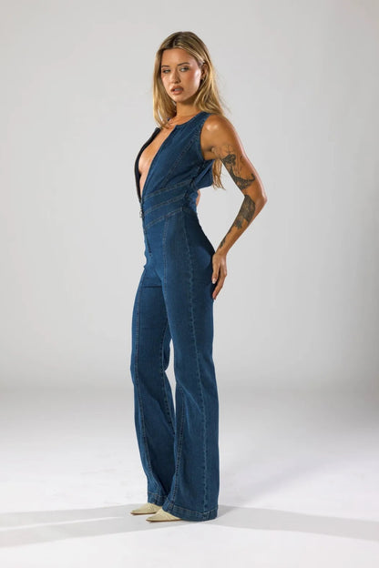 🖤 Élodie – Plunge Neck Zip-Up Denim Jumpsuit
