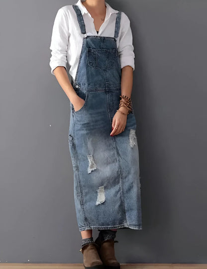 Aurélie - Women's Distressed Denim Overall Dress