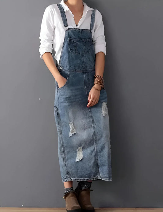 Aurélie - Women's Distressed Denim Overall Dress