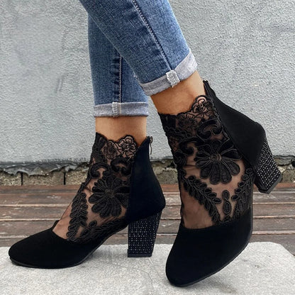 Violetta Lace Panel Block Heel Boots