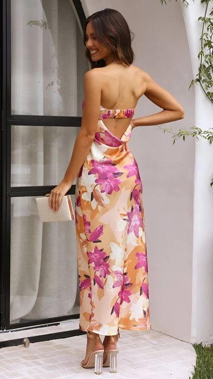Violette - Floral Printed Backless Satin Dress