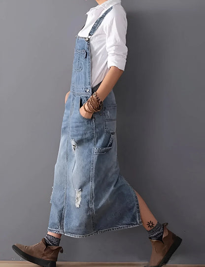 Aurélie - Women's Distressed Denim Overall Dress