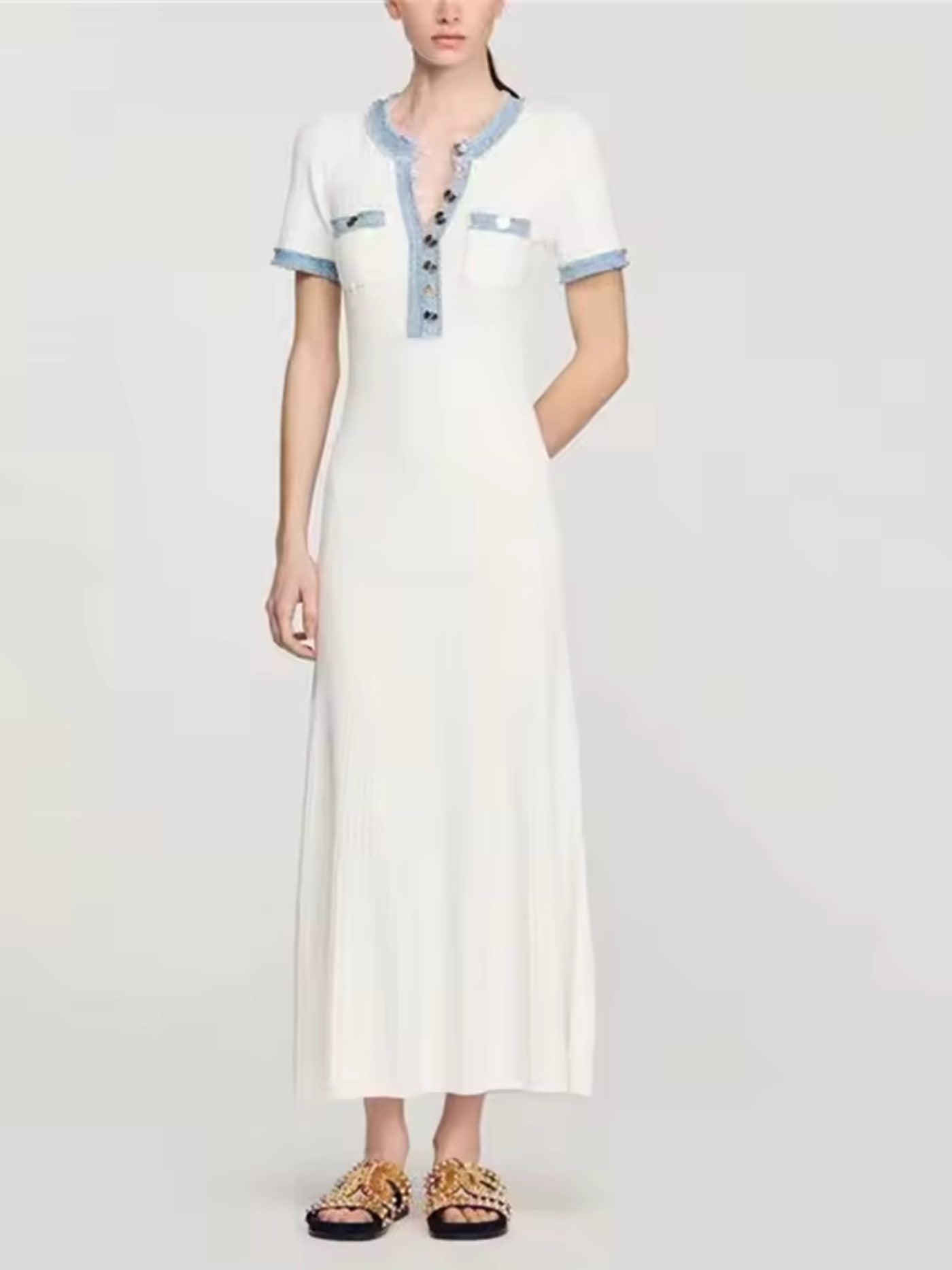 Élodie – Elegant Knit Maxi Dress with Contrast Trim