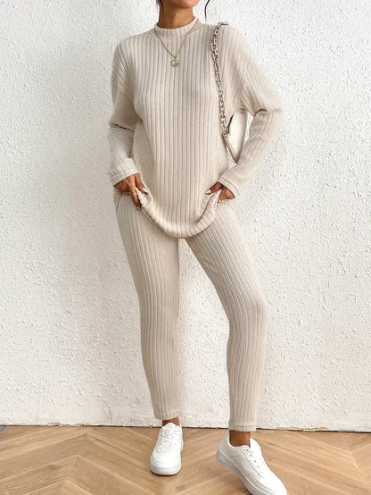 Witołuba - Ribbed Pants Set with Mock Neck and Fitted Pants