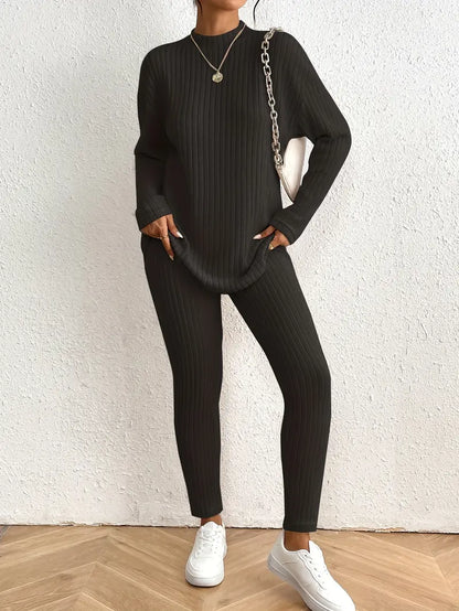 Witołuba - Ribbed Pants Set with Mock Neck and Fitted Pants