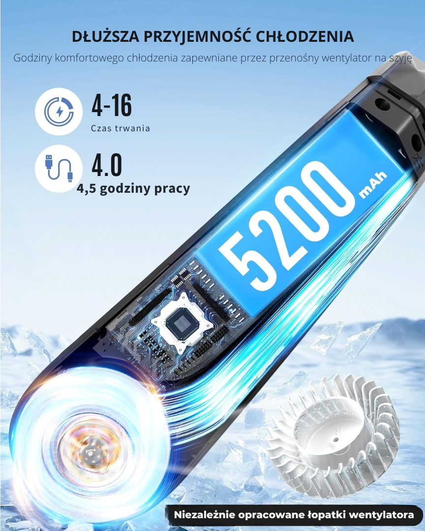 Wydajny wentylator na szyję, 3 prędkości, pojemność 4000 mAh