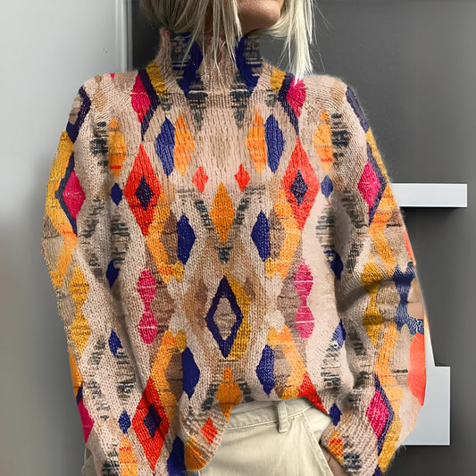 Fenna - Knitted turtleneck sweater with geometric checks